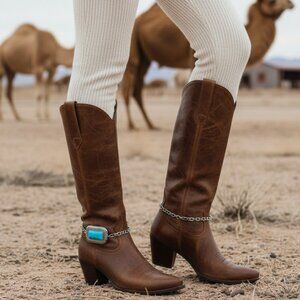 Women Silver Metal Chain Western Boot Bracelet Anklets Shoe Turquoise Blue Charm